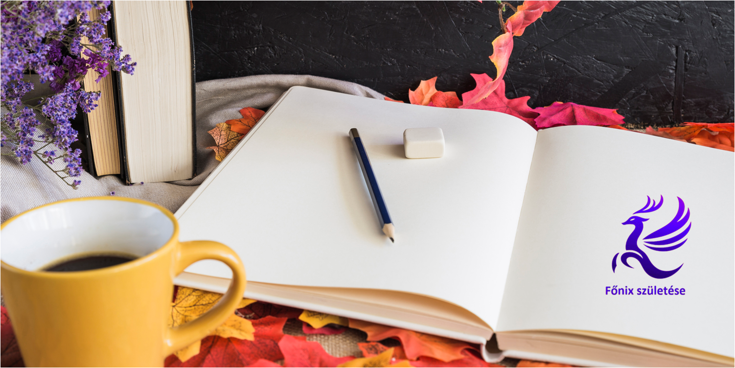 Nyitott napló és toll, mellette csésze és növények