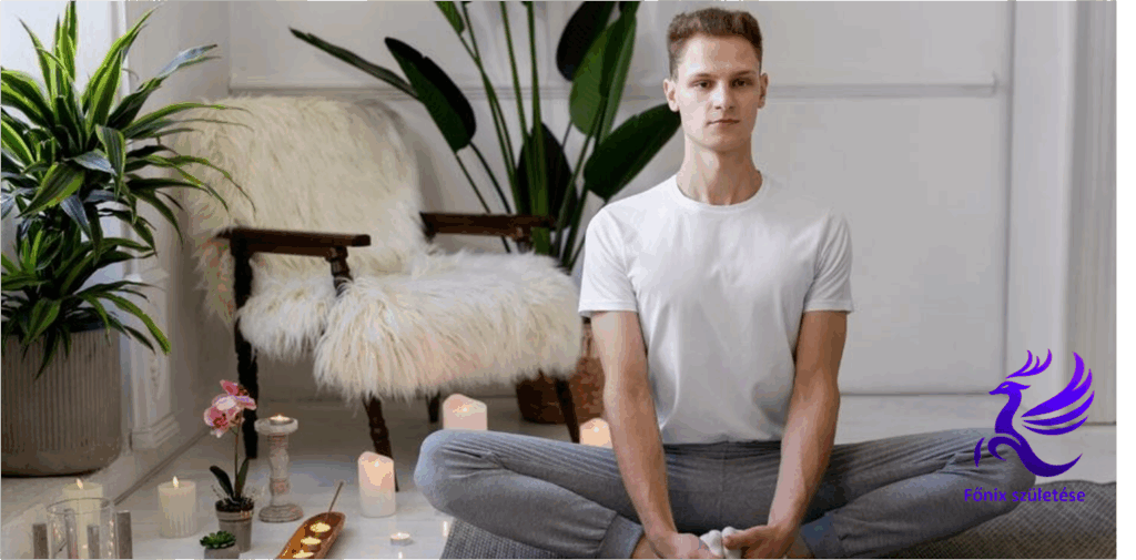 Egy férfi meditál a szobában gyertyák között