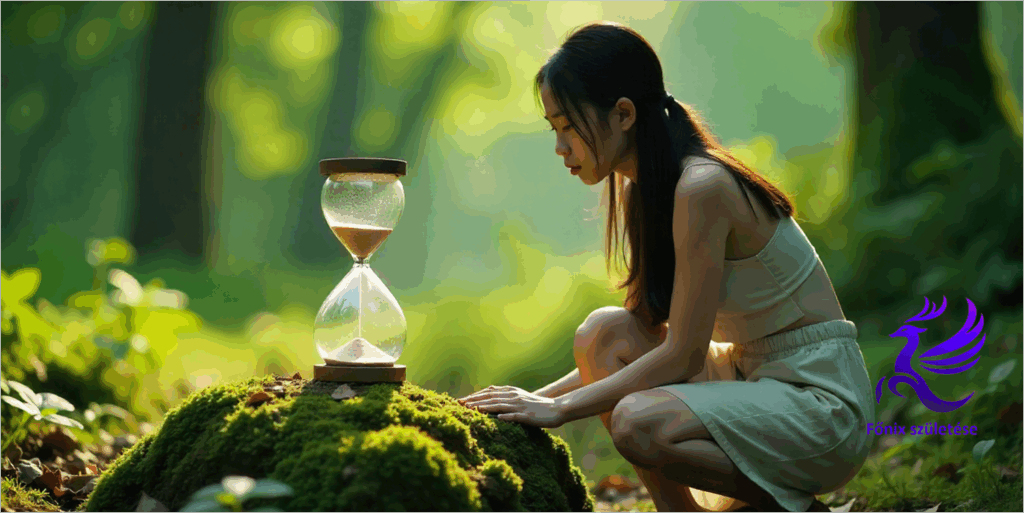 Egy homokóra, amelyben a homok pereg, mellette egy fiatal nő