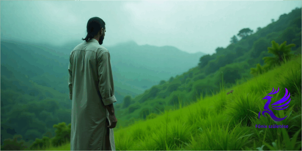 Egy férfi hegyoldalon áll, mögötte borongós ég